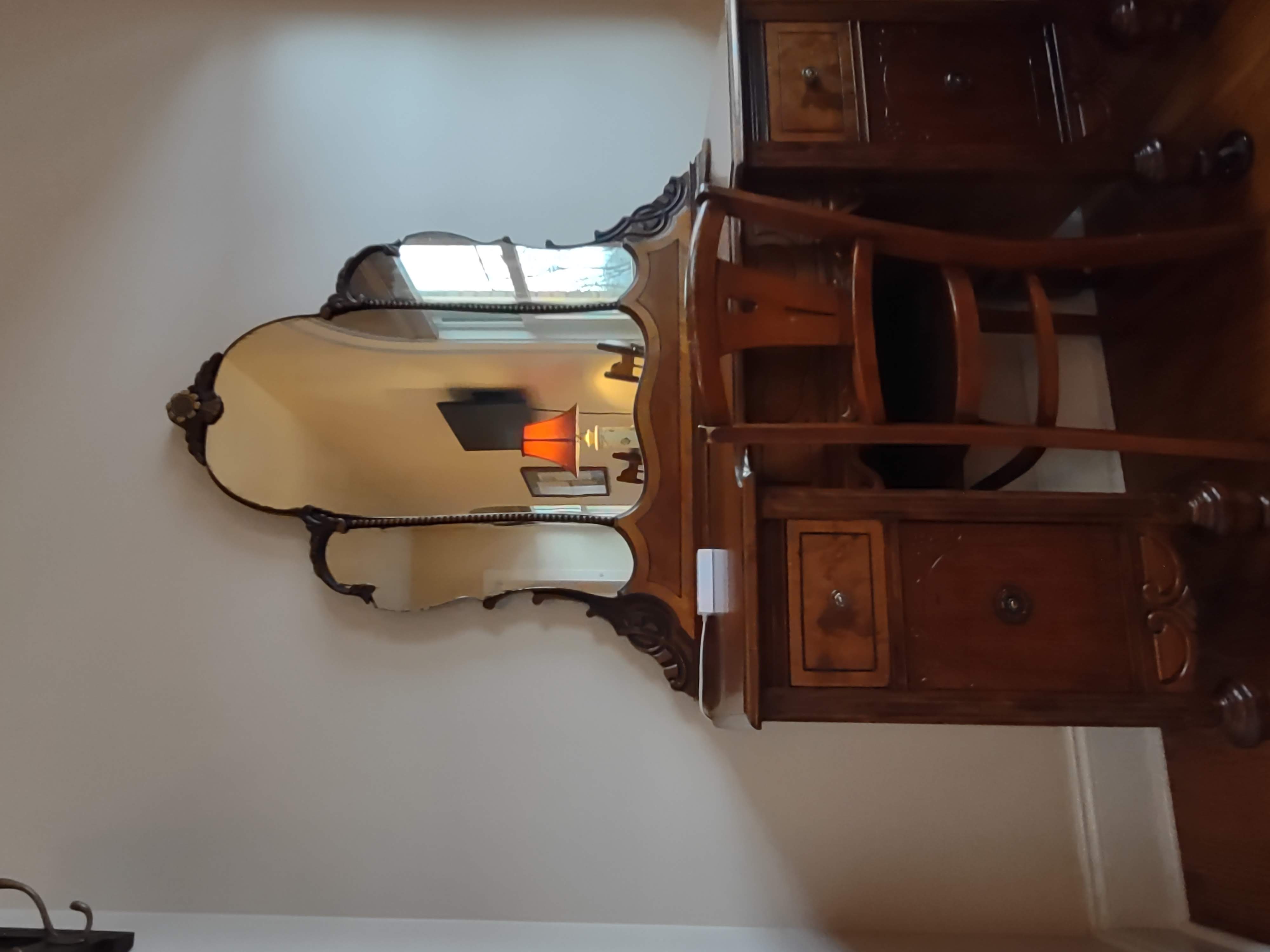 Antique walnut dressing table with 3 arched mirrors, rollers on feet