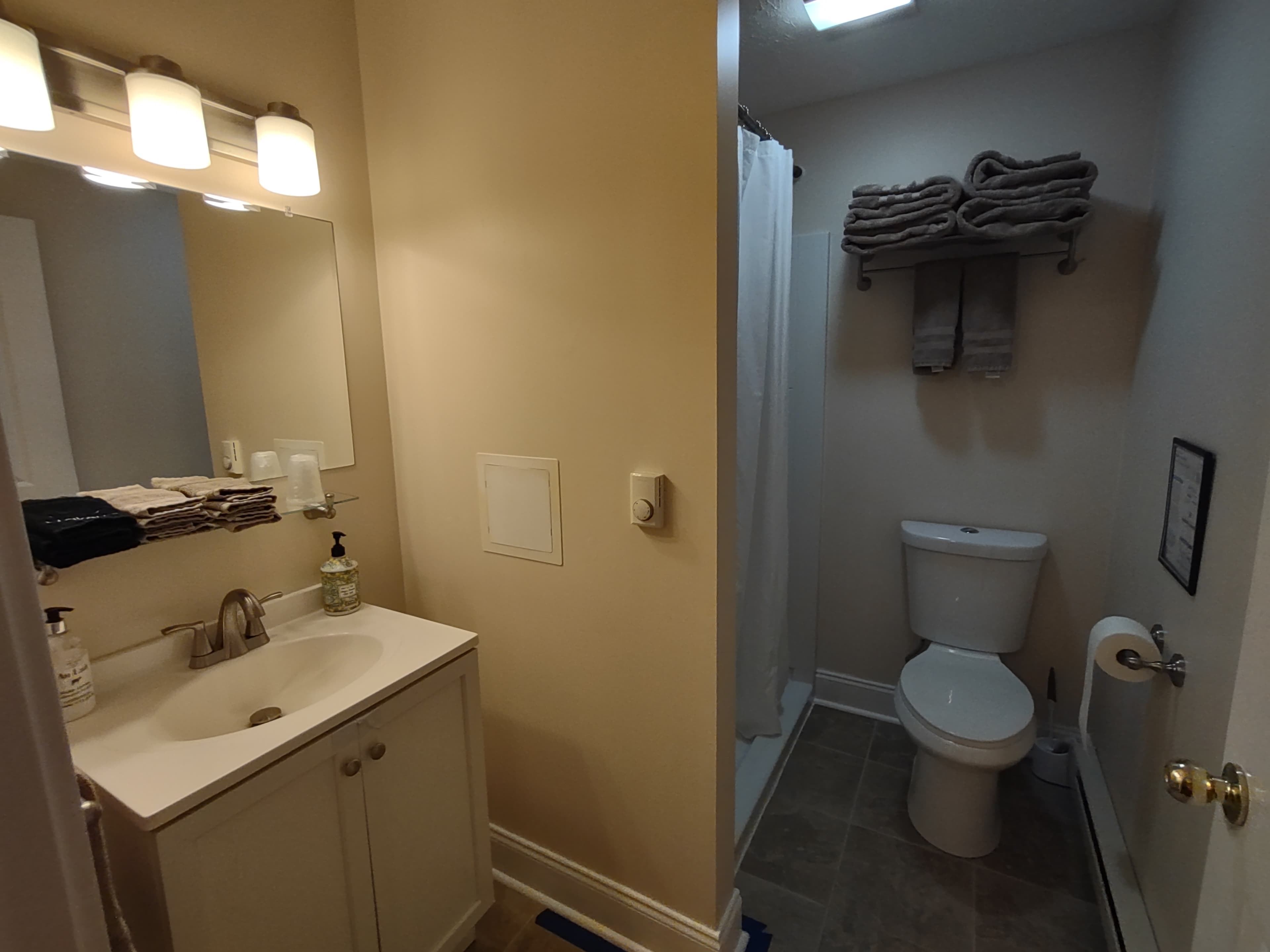 Bathroom with 3 lights above mirror above sink, in background 4' wide shower and toilet with towel rack above toilet