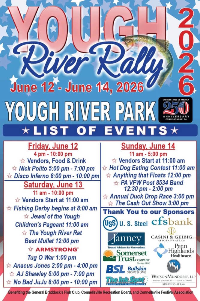 Event poster for the Yough River Rally, taking place from June 12 to June 14, 2026, at Yough River Park, featuring a schedule of activities and sponsors.
