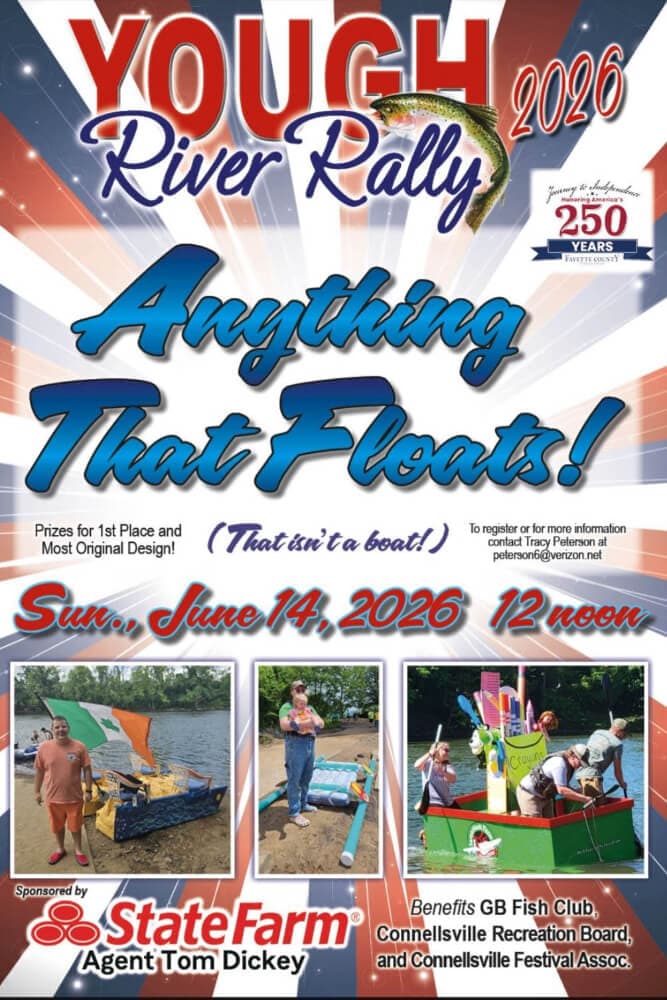 Promotional poster for the Yough River Rally 2026 event on June 14, featuring the theme "Anything That Floats!" and showcasing pictures of participants with creative floating designs.